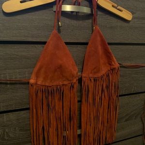 Leather/suede fringe halter top
